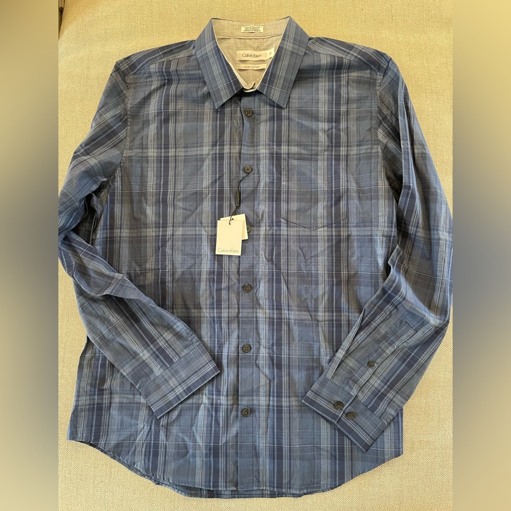 Calvin Klein Liquid Cotton Check Print Sport Shirt‎ in Blue Size L NWT $79.50